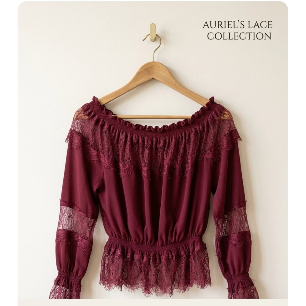 Oda International Boho Burgundy Lace Off Shoulder Smocked Peplum Blouse Medium